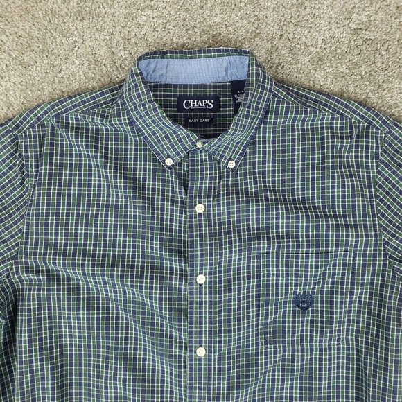 Chaps Shirt Large L Mens Green Blue Check Long Sleeve Logo Collared Button Down - Picture 2 of 7